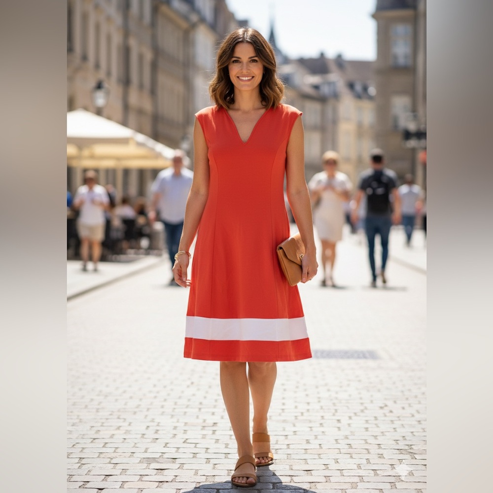New York & Company Women's Cap Sleeve Fit & Flare Dress M Coral White Stripe A7